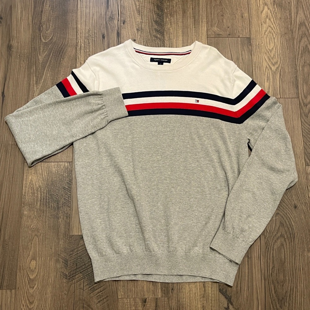 Tommy Hilfiger Mens Colorblock Striped Crewneck Sweater Gray White Red Navy M